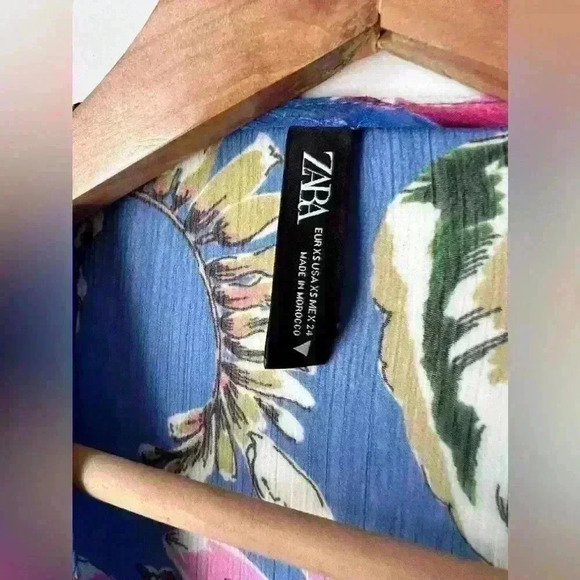 Zara Women’s Floral Blue Sheer Wrap Waist Coastal Euro Summer Boho Top XS - Picture 5 of 11